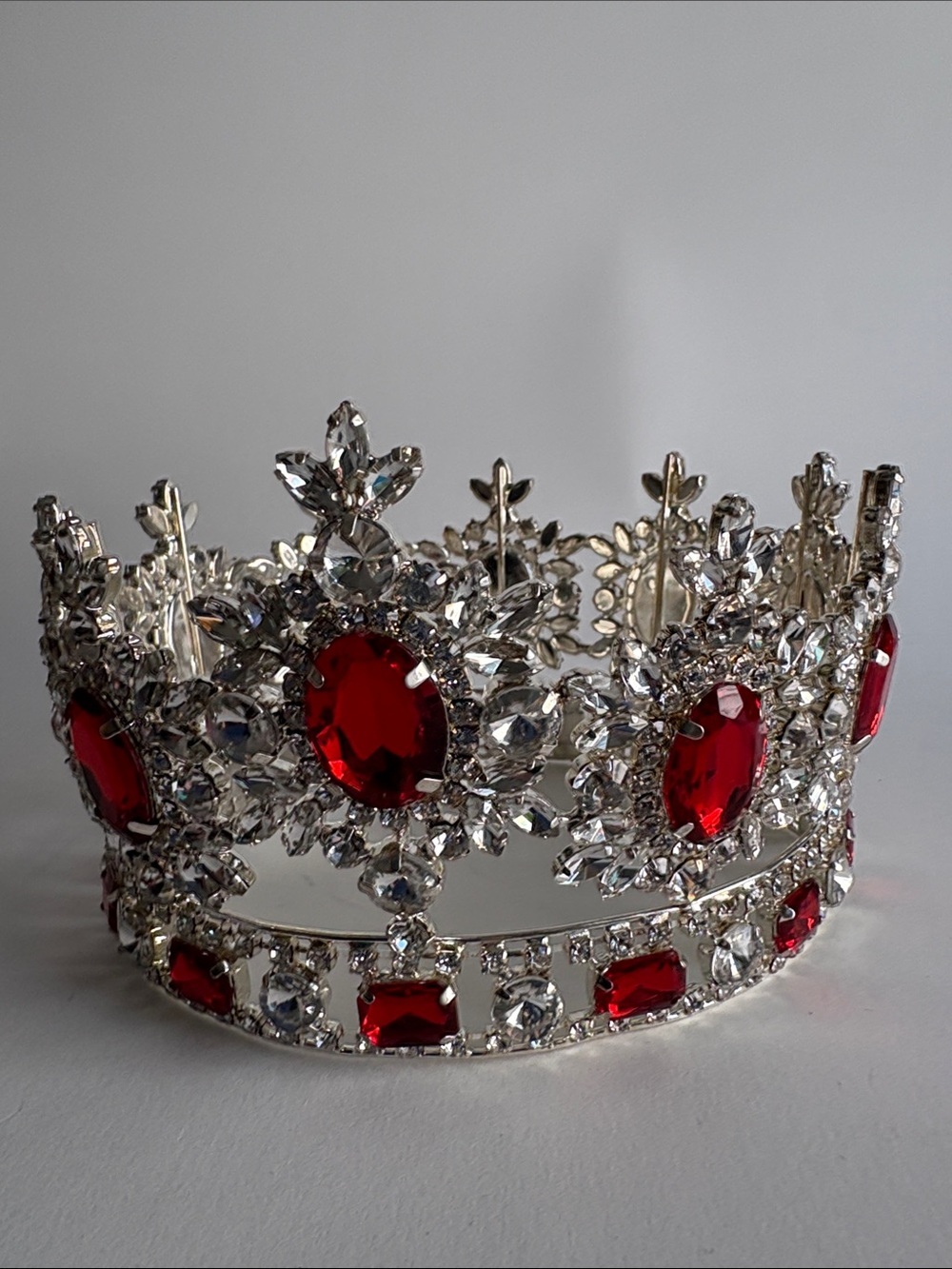 Silver Tiara Crown Red Clear Rhinestone Regal Costume Piece - Picture 2 of 8